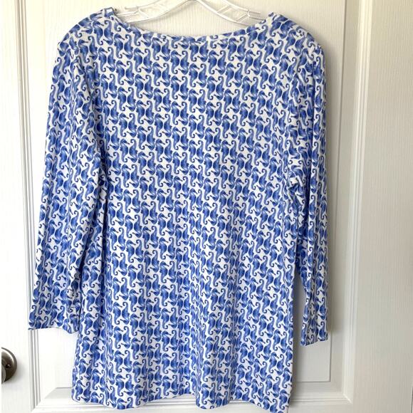 Chico's Wms 1/M Blue Seahorse Print Pima Cotton Tunic Top Lightweight Coastal - Picture 2 of 6
